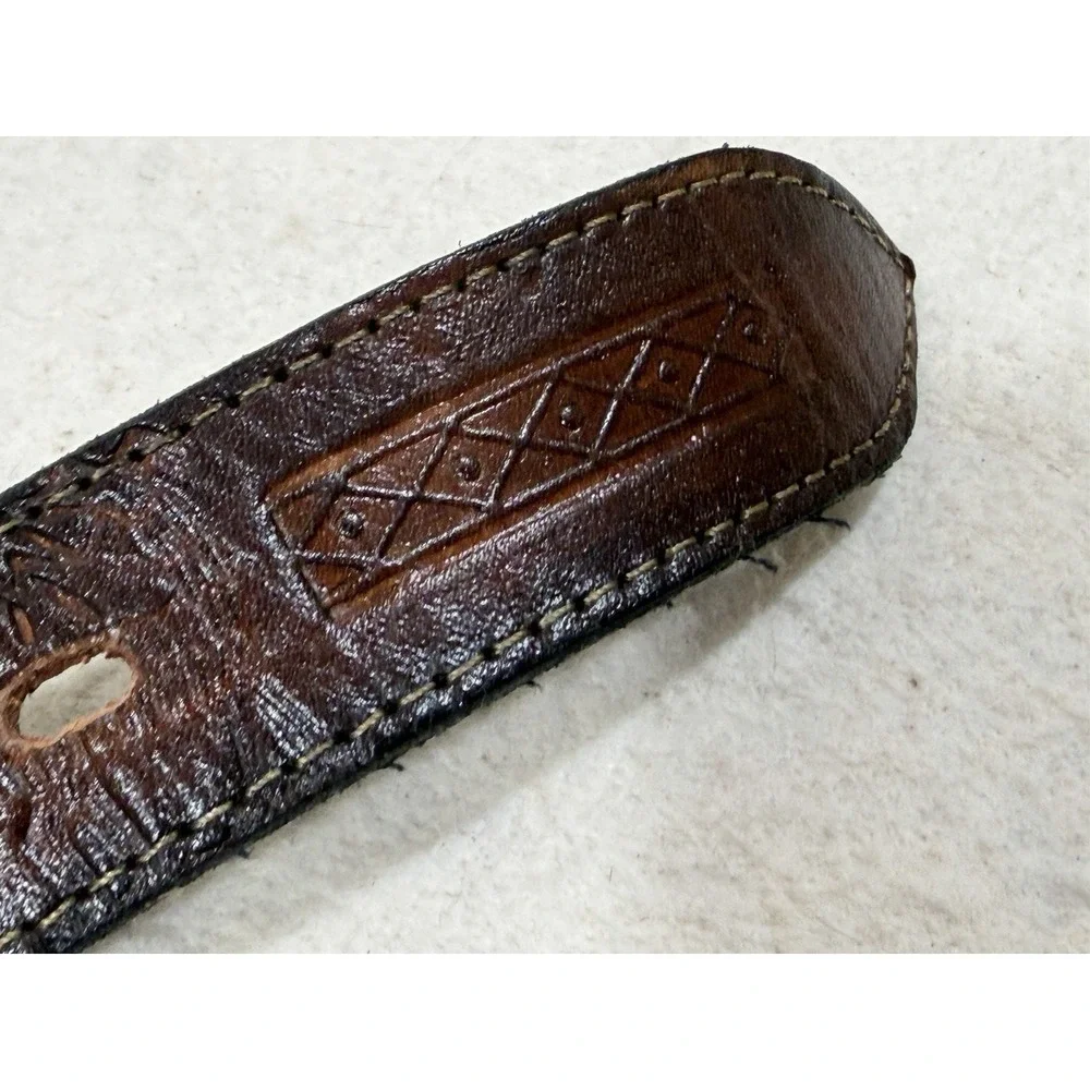 Vintage Leather Belt Western Tooled Brown Wool Inlay Boho Rustic 36